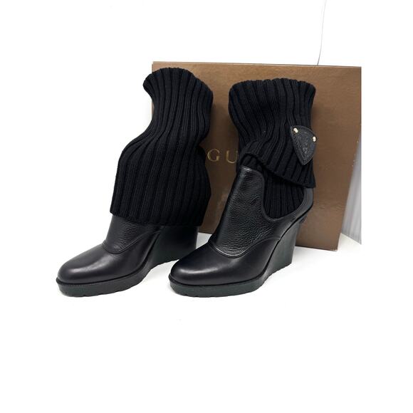 Gucci Knit-Sock Black Leather Wedge Boots - Picture 3 of 13